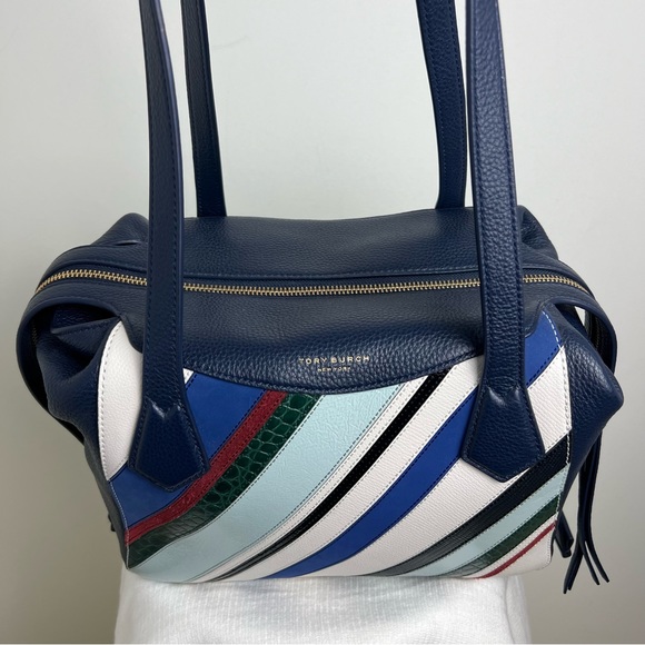 Tory Burch Blue Perry Balloon Stripe Satchel Leather Bag NEW Multicolor - Picture 7 of 16